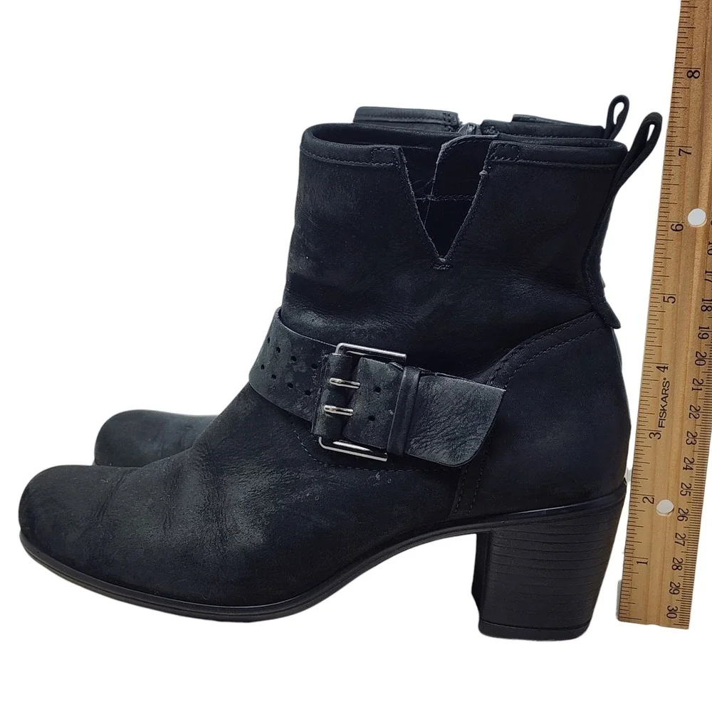 ECCO Ankle Boots 36 Wom Black Leather Buckle Zip Block Heel Moto Touch 55 Panama